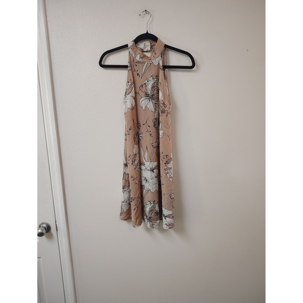 B.Original by Shoe Fly  Floral Halter Mini Dress Tan Pink Sleeveless Small